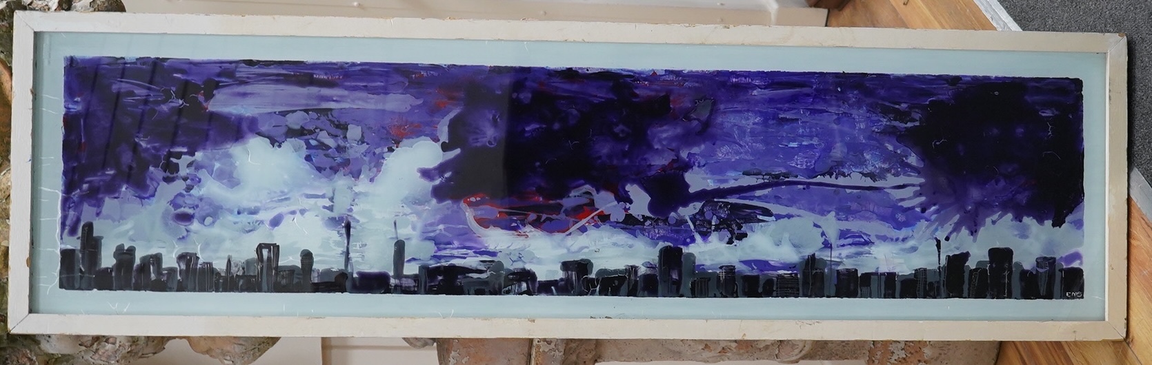 Clay Sinclair (New Zealand, Contemporary), mixed media on glass, Panoramic skyline, 29 x 115cm. Condition - fair